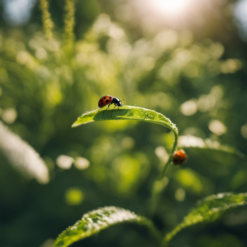 An image capturing a lush garden scene teeming with beneficial insects like ladybugs and hoverflies, while predatory nematodes lurk beneath the soil, showcasing the harmonious relationship between organic pest control and a thriving ecosystem