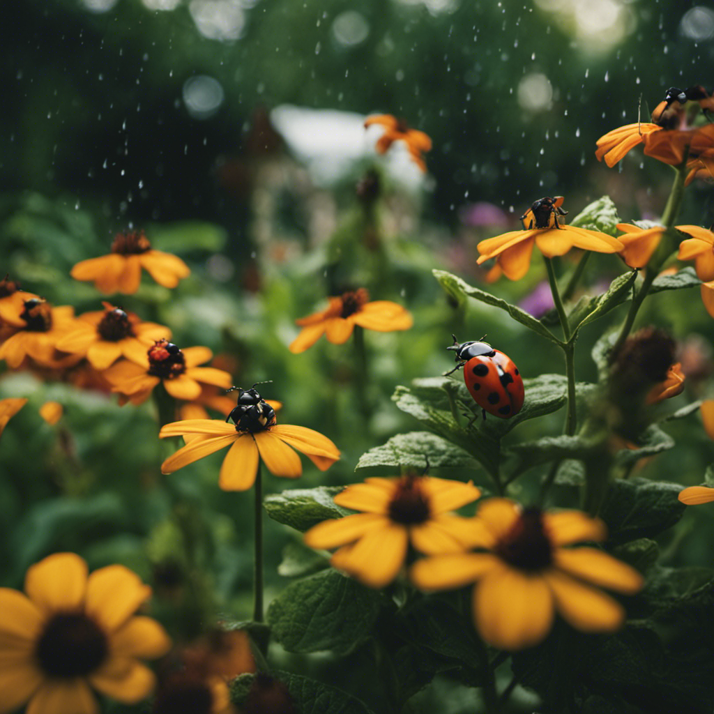 An image showcasing a thriving garden with ladybugs and praying mantises as natural pest control agents, surrounded by compost bins, rain barrels, and strategically placed bird feeders