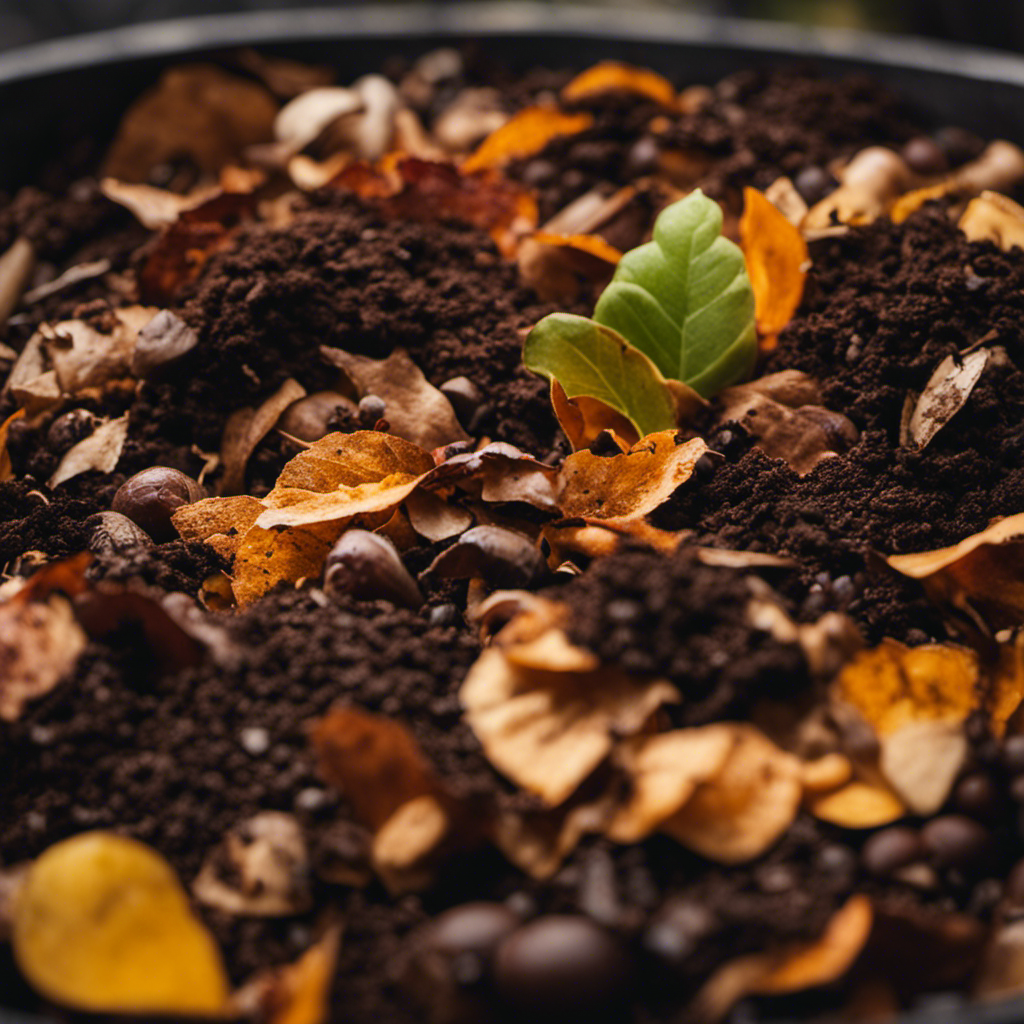 An image showcasing a diverse assortment of organic waste materials, such as fruit peels, coffee grounds, and fallen leaves, neatly layered in a compost pile or bin