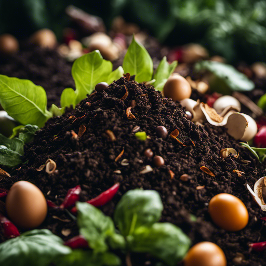 An image showcasing a rich, dark compost pile surrounded by vibrant greenery and filled with a variety of organic ingredients - vegetable peels, coffee grounds, eggshells, leaves, and straw