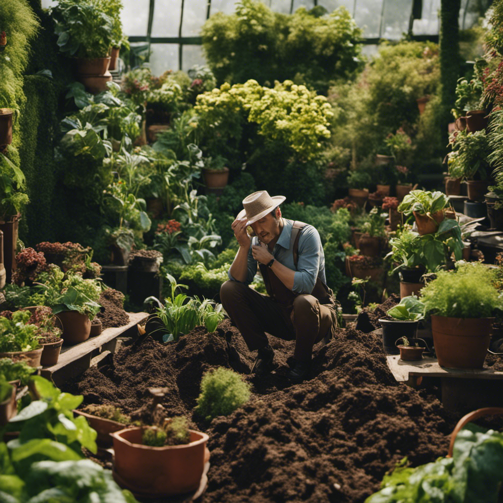 An image depicting a lush garden with wilting plants and a confused gardener scratching their head, surrounded by a pile of compost