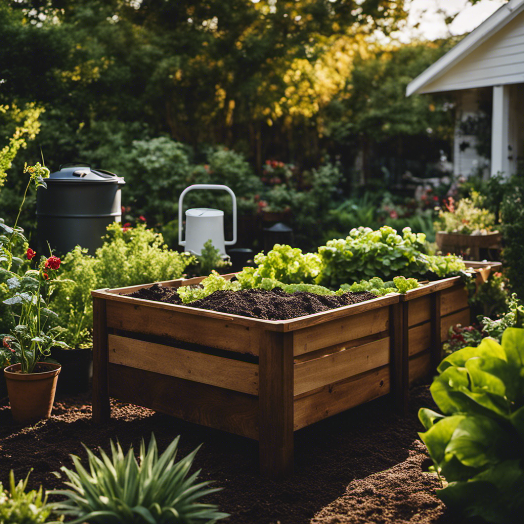 An image depicting a lush backyard garden with a variety of composting setups, including a traditional bin, vermicomposting setup, and a compost tumbler, illustrating the different methods beginners can choose from