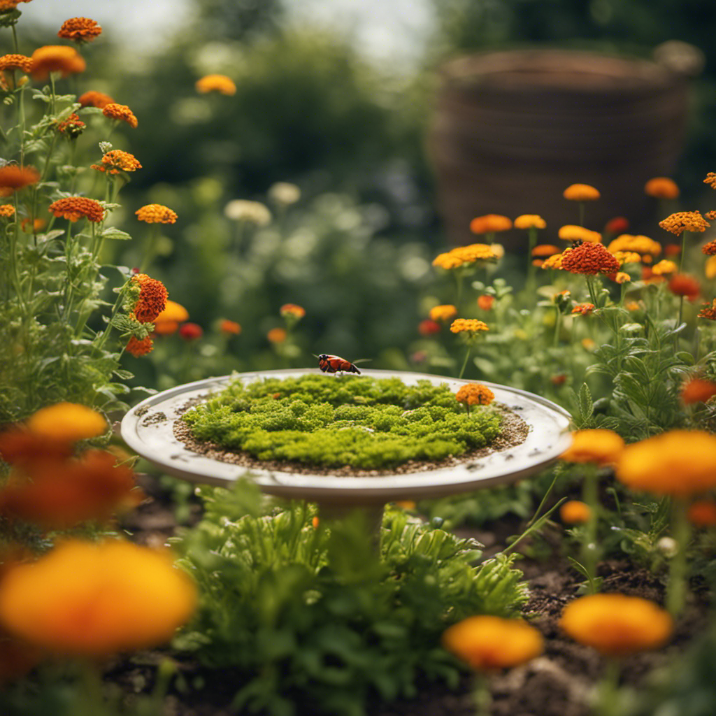 An image showcasing a lush herb garden surrounded by ladybugs and lacewings, with a small birdbath nearby