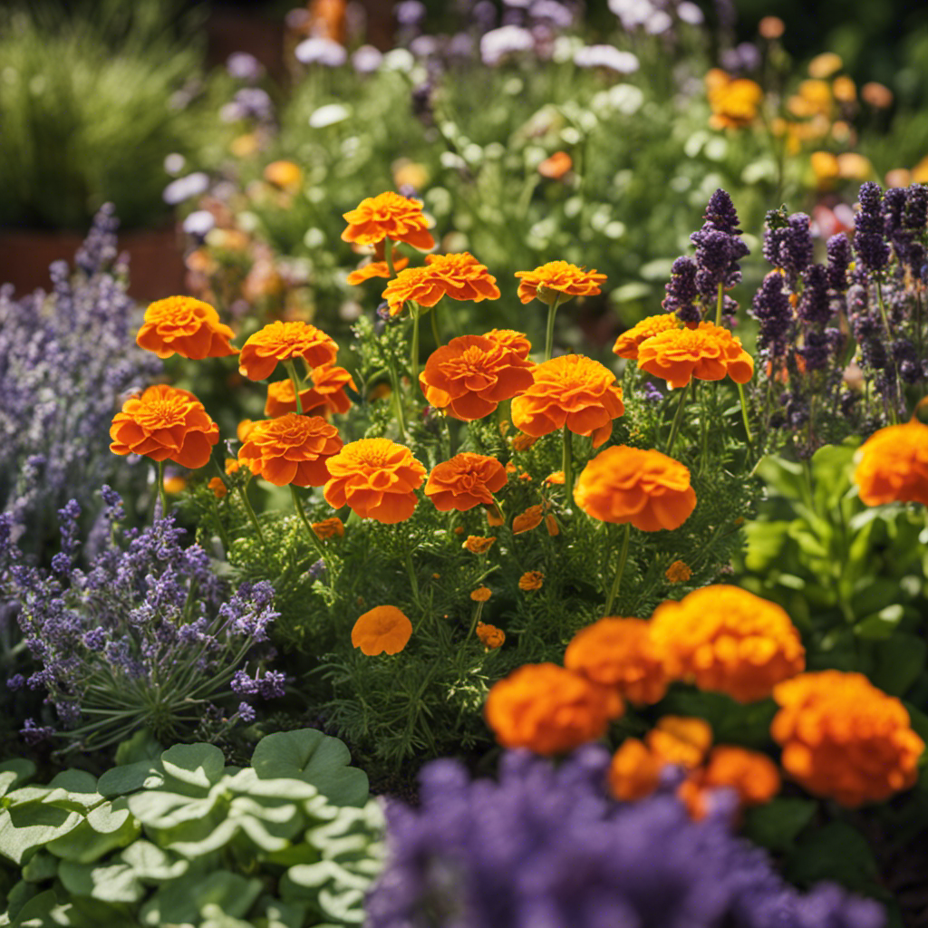 An image showcasing a vibrant herb garden with a variety of visually distinctive companion plants such as marigolds, nasturtiums, and lavender, cleverly arranged to deter pests and promote natural pest control