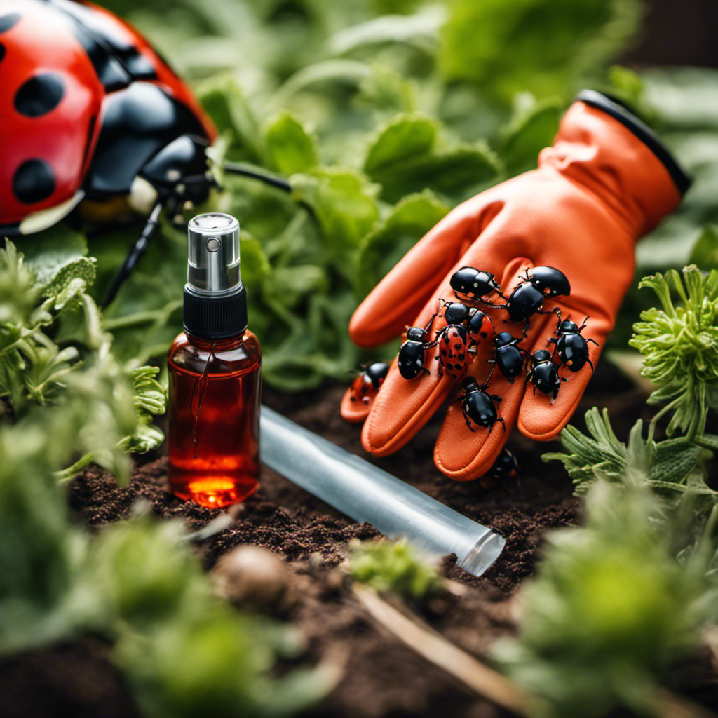 An image showcasing a pair of gardening gloves, a spray bottle filled with organic pest repellent, a magnifying glass, and a collection of ladybugs crawling on a vibrant herb plant, emphasizing the essential tools for successful organic pest control