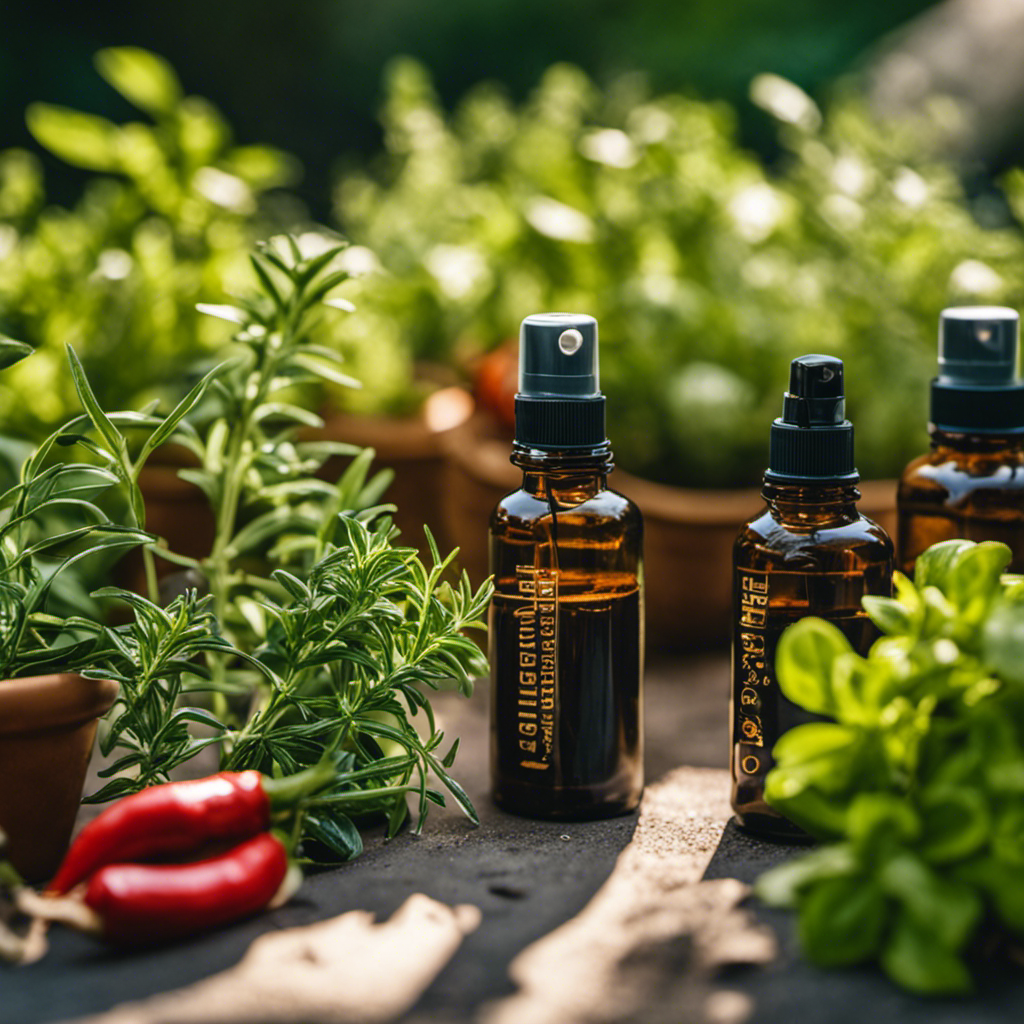 An image depicting a lush herb garden surrounded by homemade pest repellents