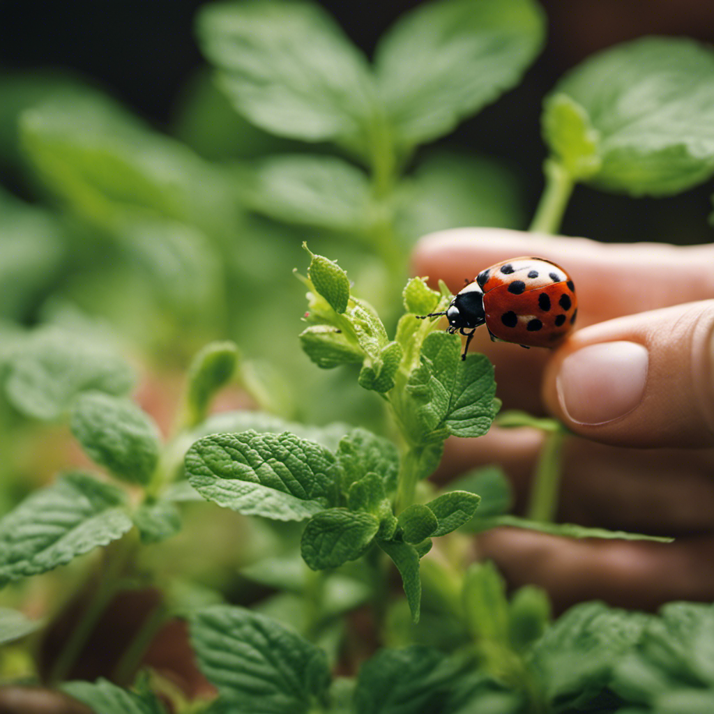 An image of a gloved hand delicately plucking snails off a mint plant, while a ladybug feasts on aphids nearby