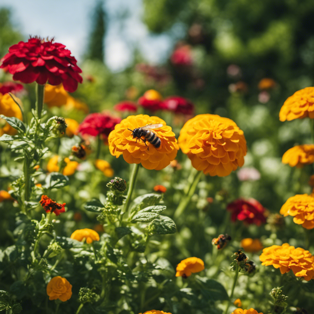 An image featuring a vibrant herb garden with a diverse range of plants intertwined, showcasing companion planting for pest control