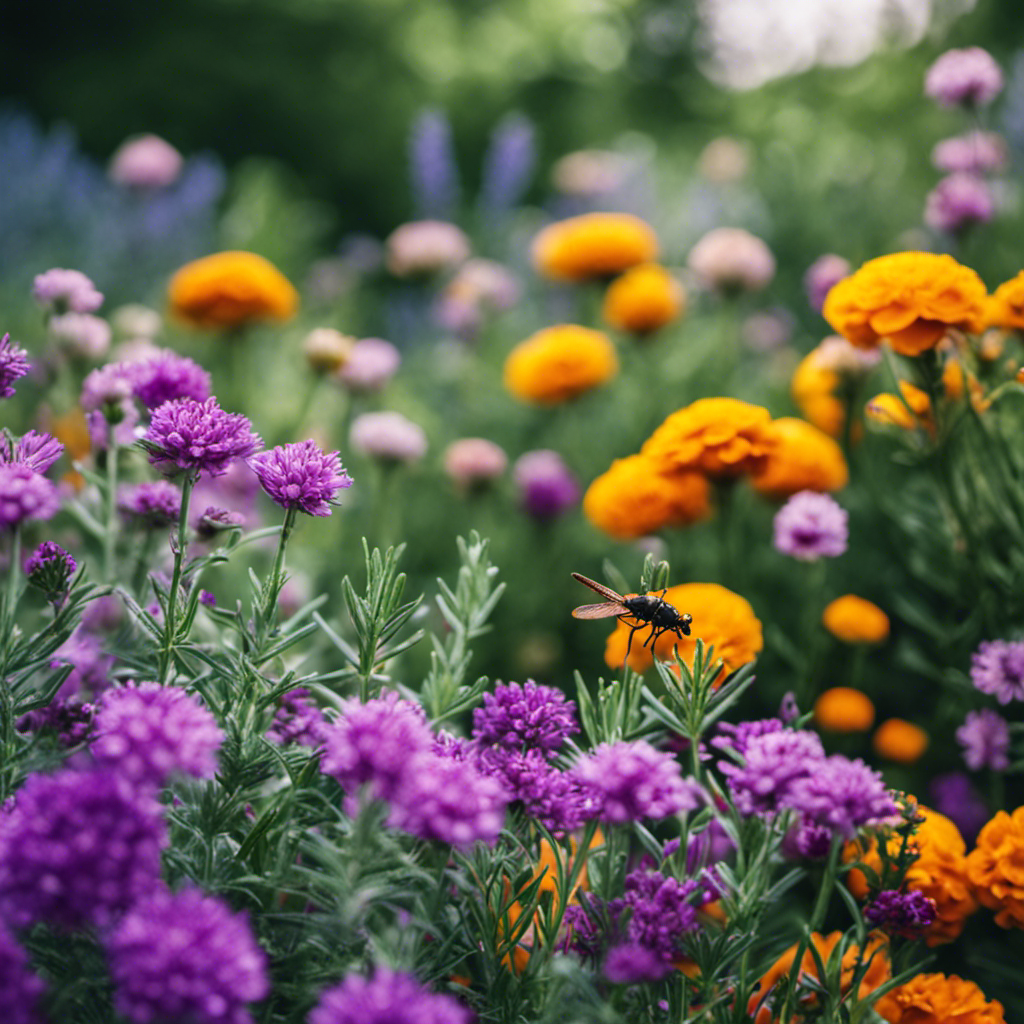 An image depicting a lush herb garden, with a variety of aromatic plants like lavender, mint, and rosemary, surrounded by vibrant flowers