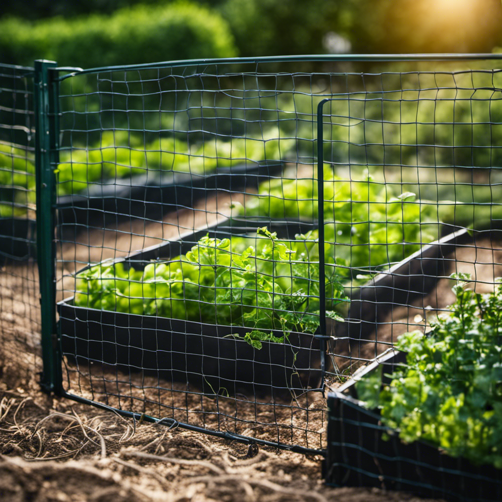 An image showcasing a raised garden bed surrounded by a sturdy metal mesh fence with a tightly closed gate, protecting fragrant herbs from pests