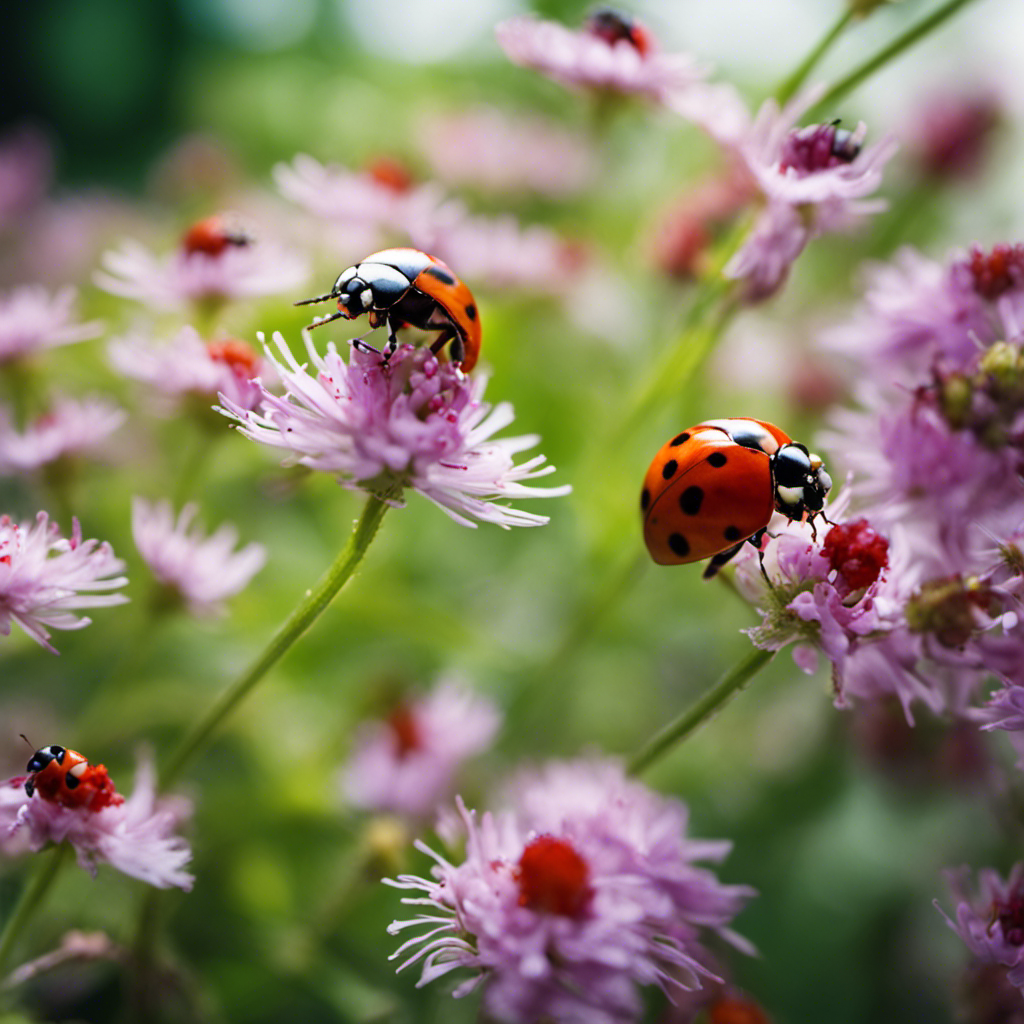 An image showcasing a vibrant herb garden teeming with life, as ladybugs gracefully perch on leaves, lacewings flutter above flowers, and bees buzz amidst blossoms, illustrating the importance of beneficial insects in natural pest control