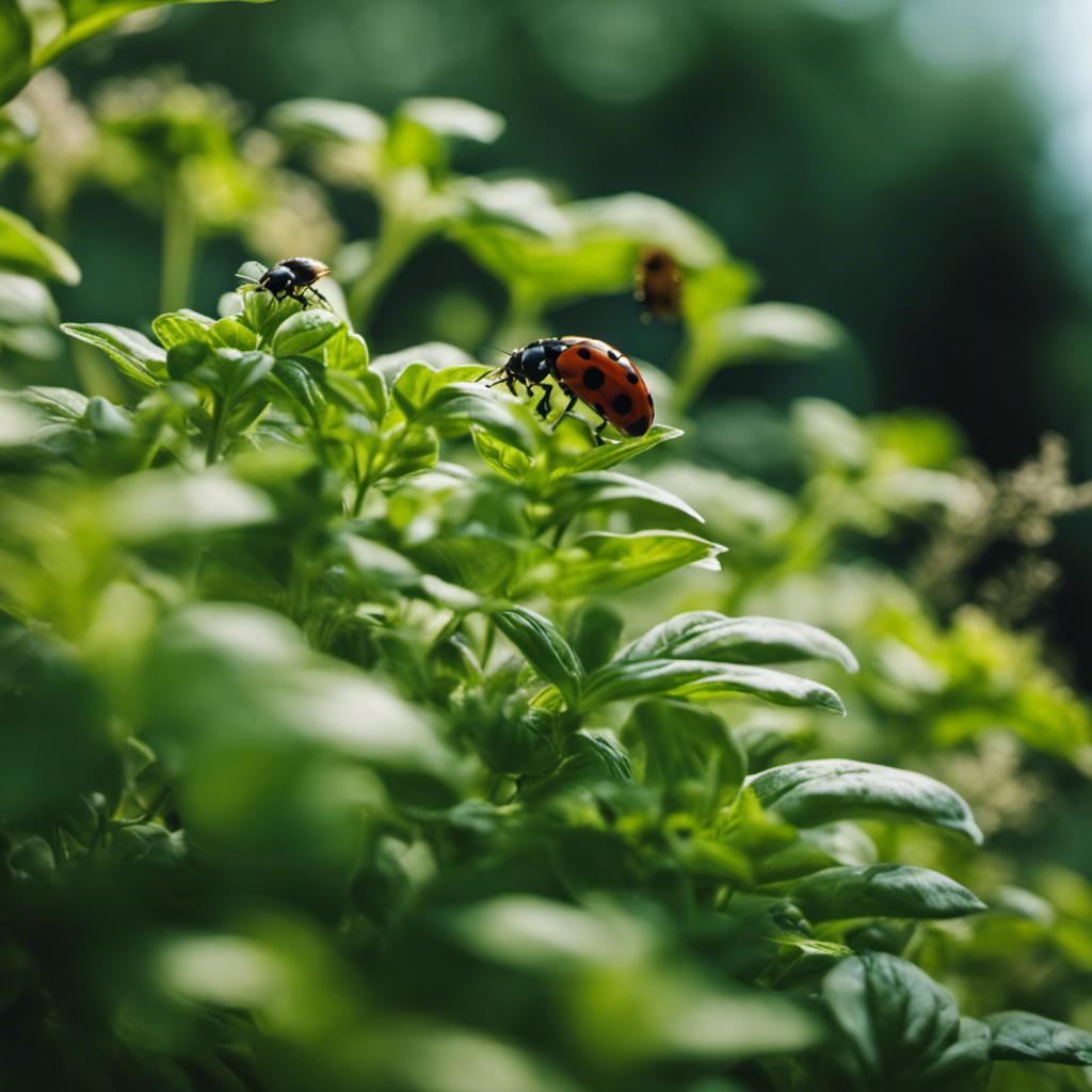 An image of a lush herb garden with vibrant green foliage, buzzing with life