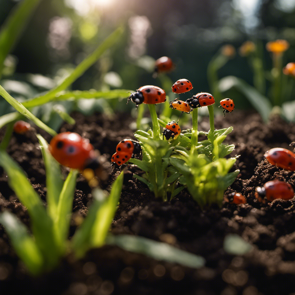 An image showcasing a thriving garden with rich, dark soil teeming with beneficial microbes and earthworms