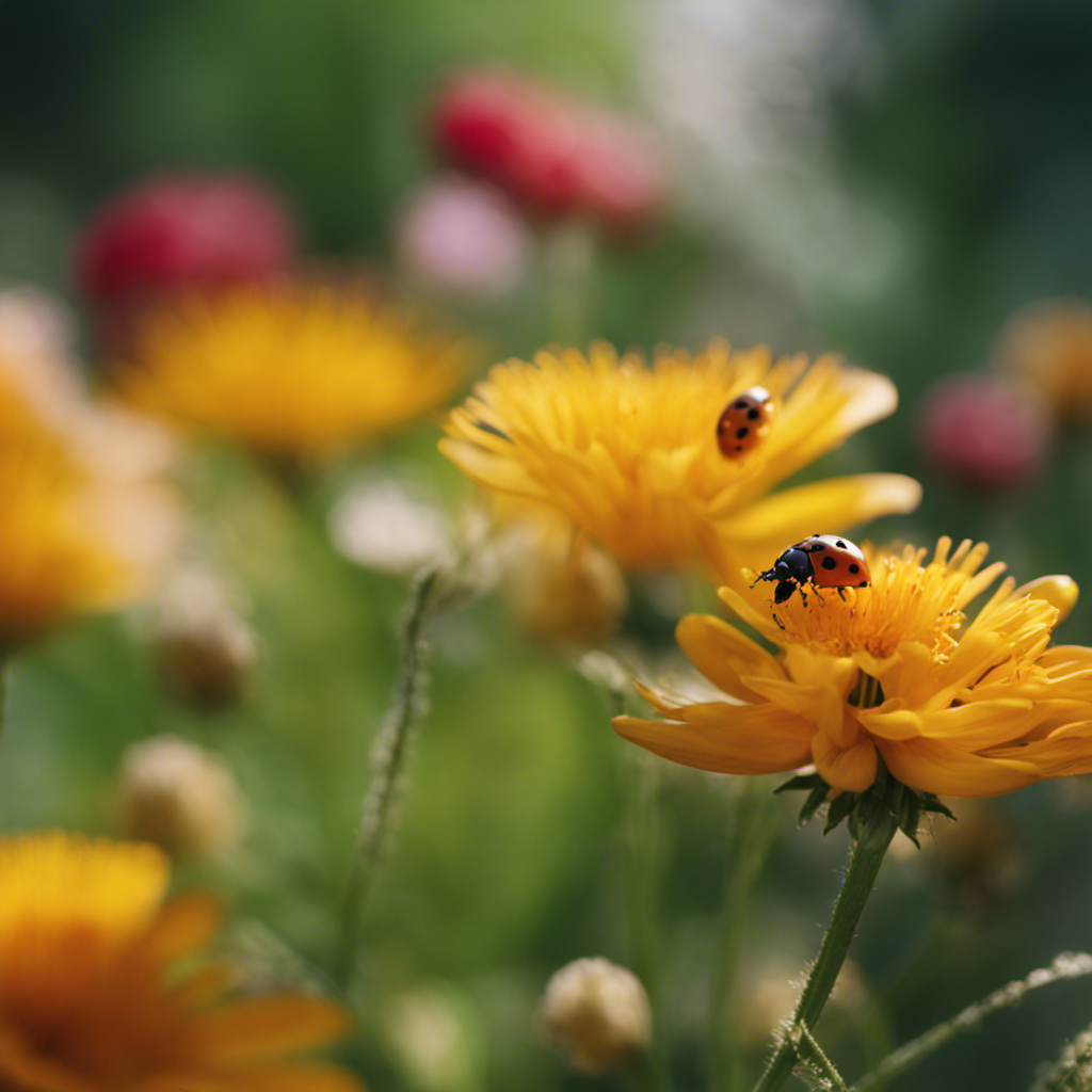 An image showcasing a lush garden with vibrant flowers, where ladybugs delicately crawl on leaves, lacewings hover nearby, and bees busily pollinate, symbolizing the harmony between beneficial insects and natural pest control