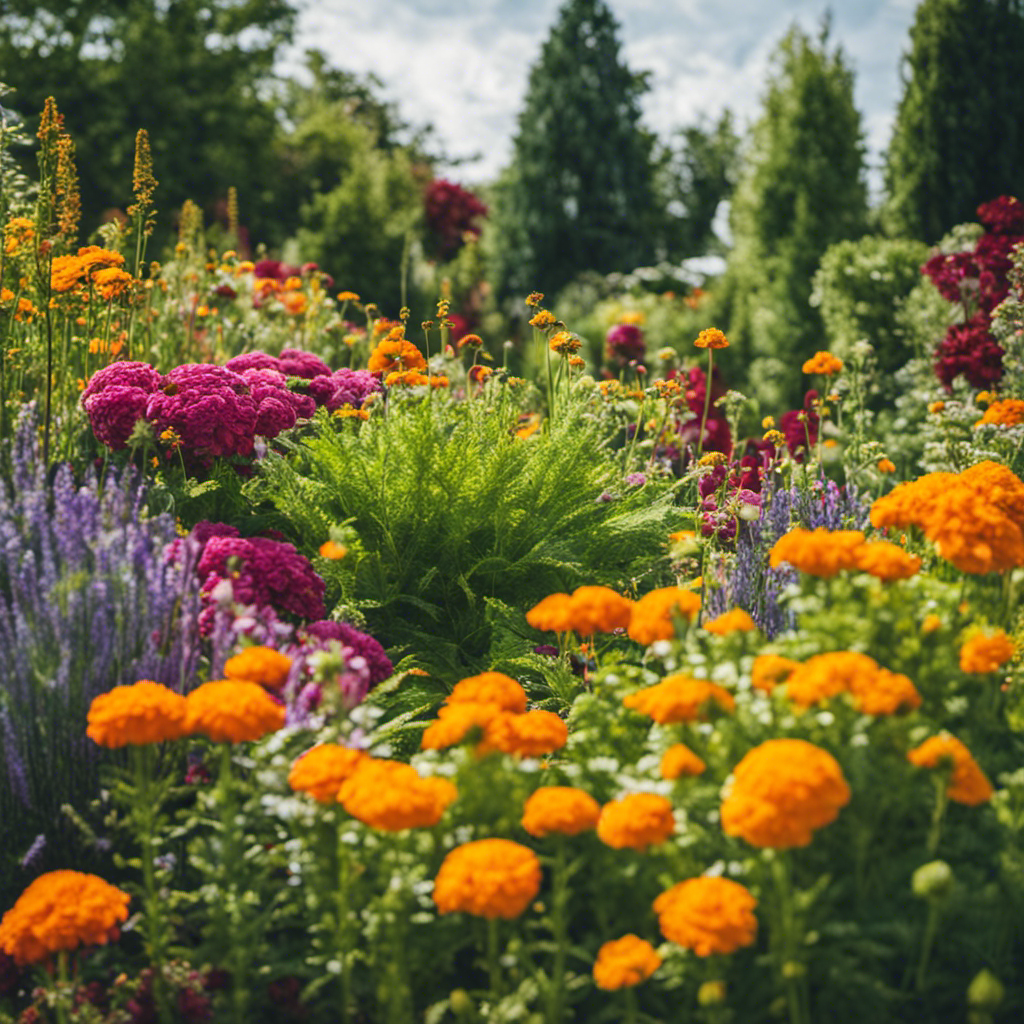 An image showcasing a diverse garden with vibrant flowers, vegetables, and herbs intermingled to attract beneficial insects