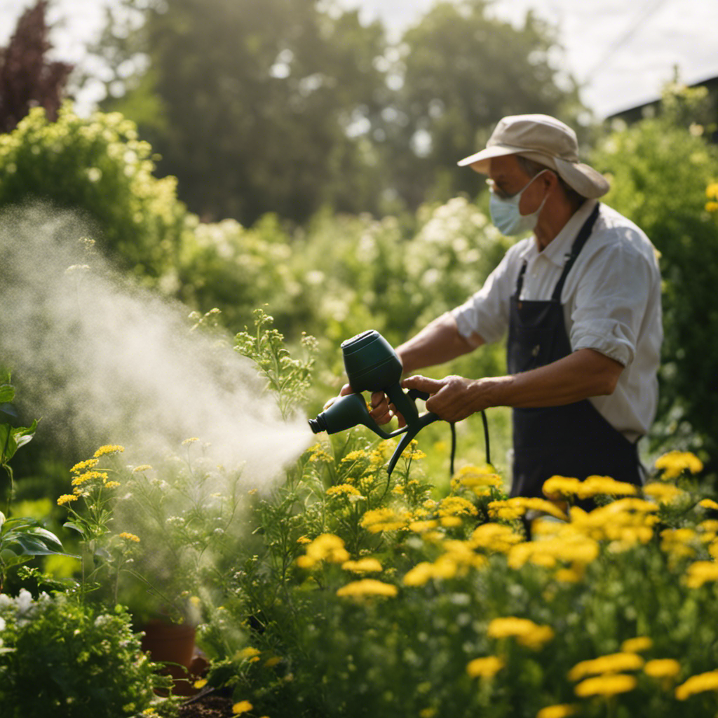 An image capturing the essence of homemade organic pest sprays in action: a gardener gently misting a thriving garden with a mixture of fragrant herbs and oils, warding off pests and fostering a vibrant, bountiful ecosystem