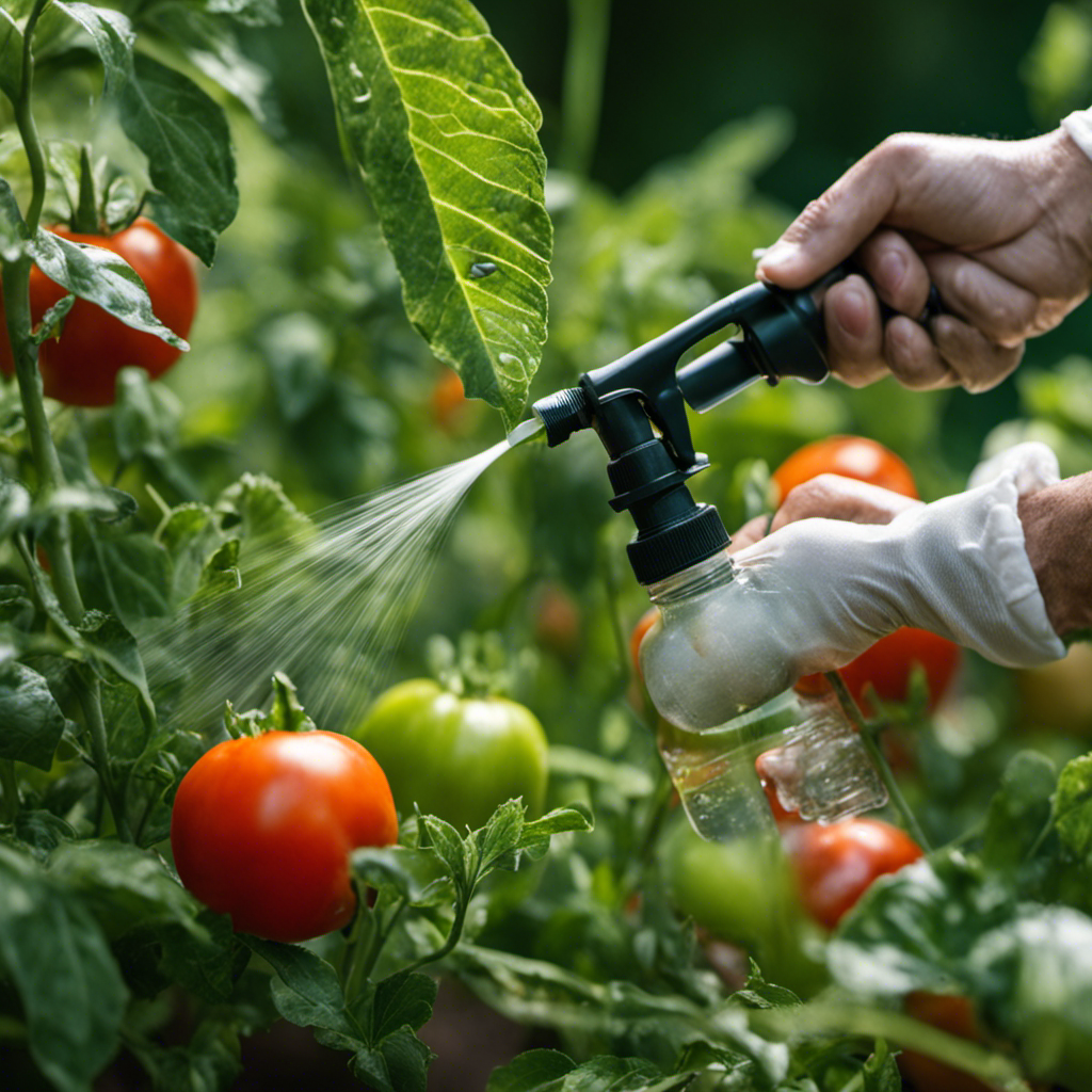 An image showcasing a DIY pest spray recipe in action: a gardener wearing gloves, delicately spritzing a homemade mixture of neem oil, garlic, and water onto vibrant tomato plants, warding off pests