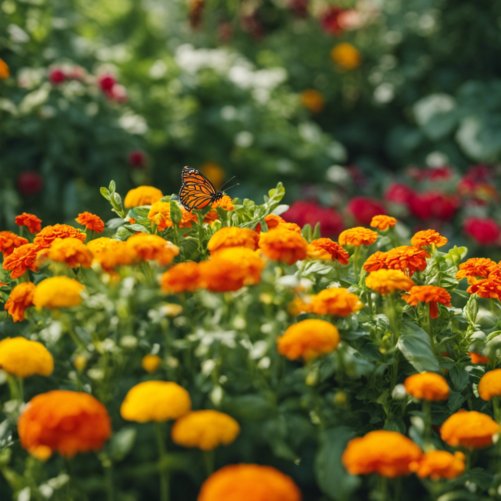 An image depicting a diverse garden bed with marigolds and basil flourishing alongside tomato plants, repelling pests with their aromatic foliage