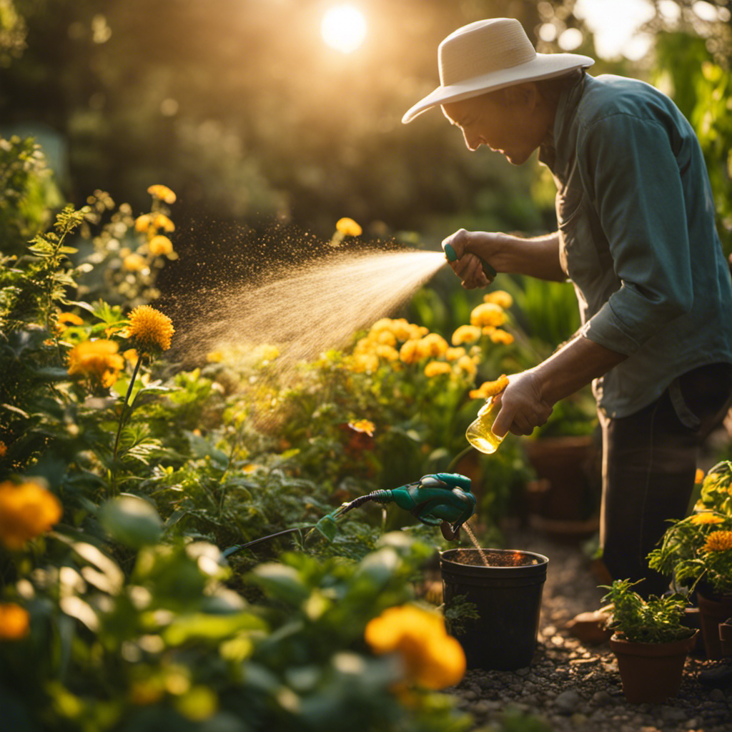 An image showcasing a lush garden scene, drenched in golden sunlight, with a gardener gently spraying a homemade pest spray on vibrant plants