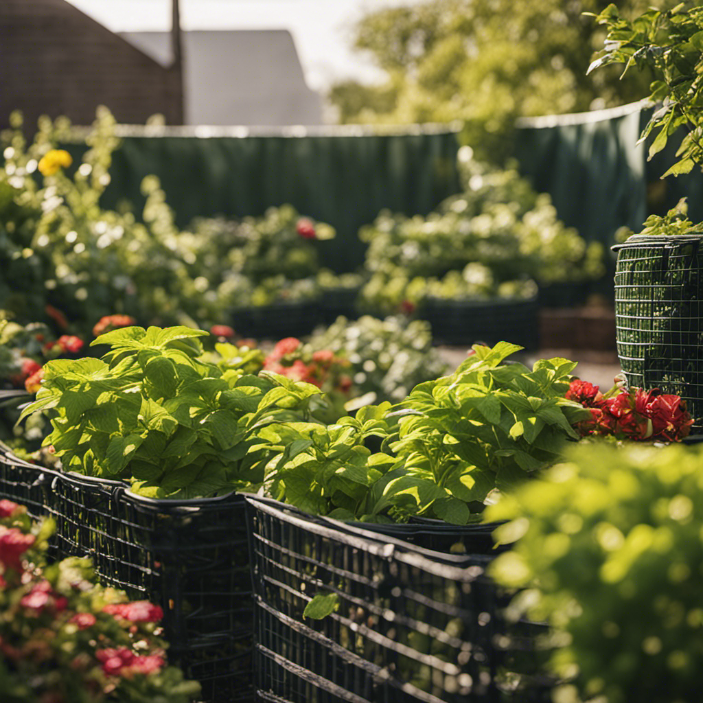 An image capturing a lush garden protected by physical barriers, such as floating row covers, mesh netting, and plant collars