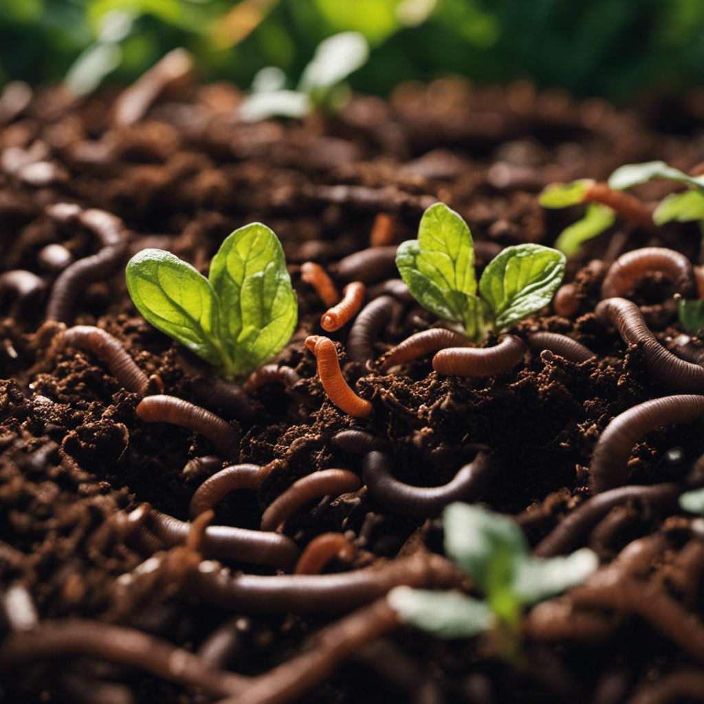 An image showcasing a nutrient-rich, dark brown soil teeming with earthworms and beneficial microbes