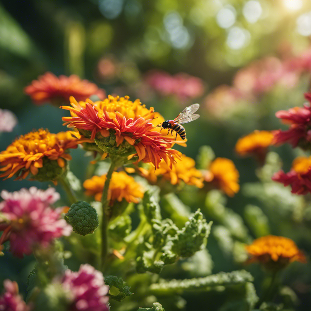 An image capturing a lush garden scene, with colorful flowers and vegetables, where ladybugs are delicately perched on leaves, lacewings hover above, and bees diligently pollinate, showcasing the harmony of beneficial insects in a thriving pest-free environment