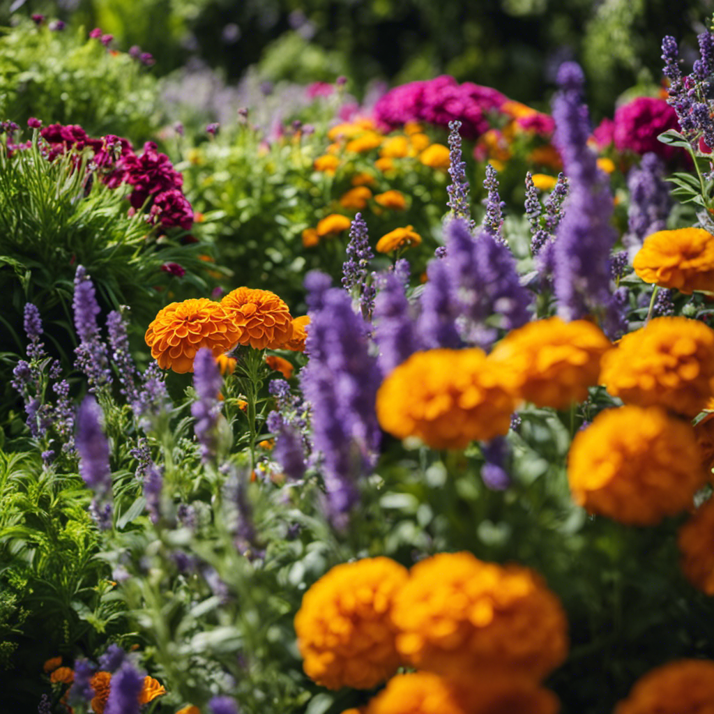 An image depicting a lush garden brimming with vibrant flowers, intermingled with strategic groupings of marigolds, lavender, and basil