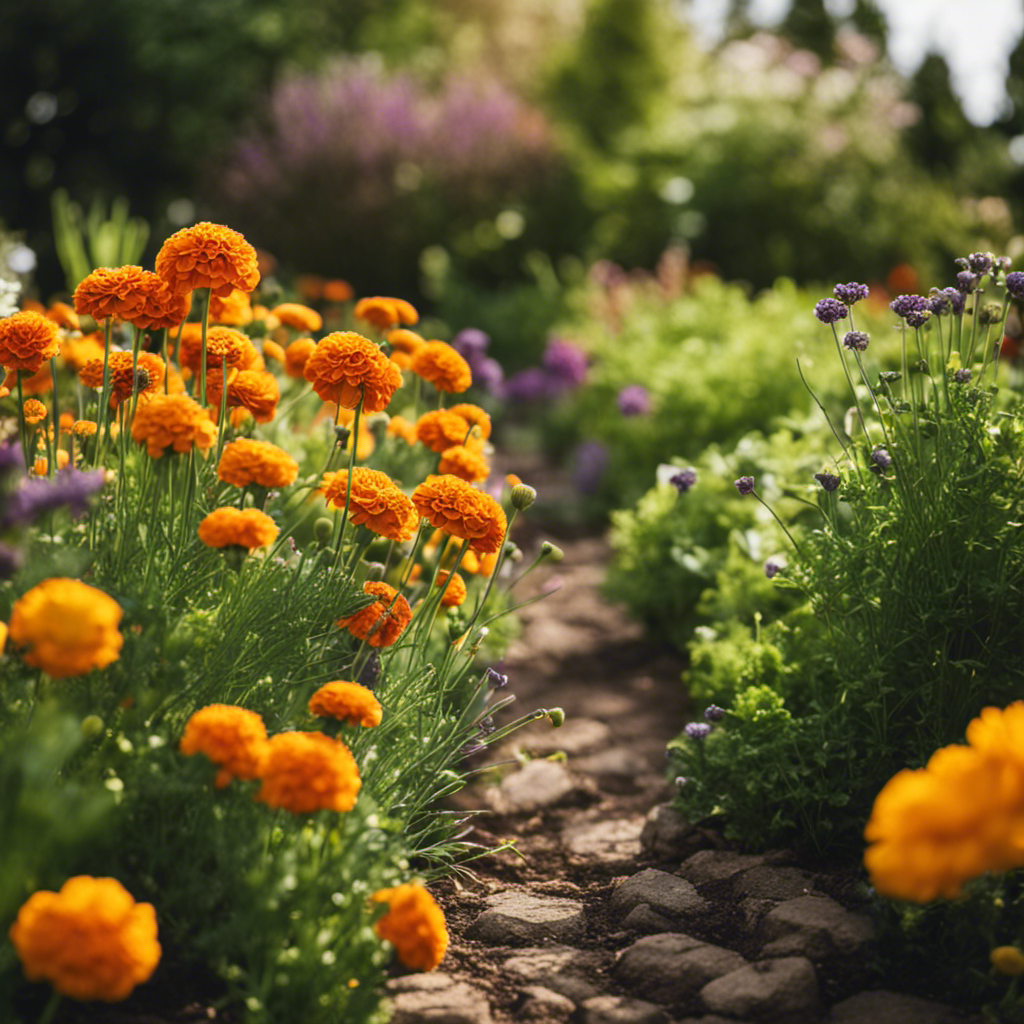 An image showcasing a lush vegetable garden surrounded by a diverse array of natural pest deterrents like marigolds, lavender, and garlic chives, all harmoniously coexisting to protect the precious crops