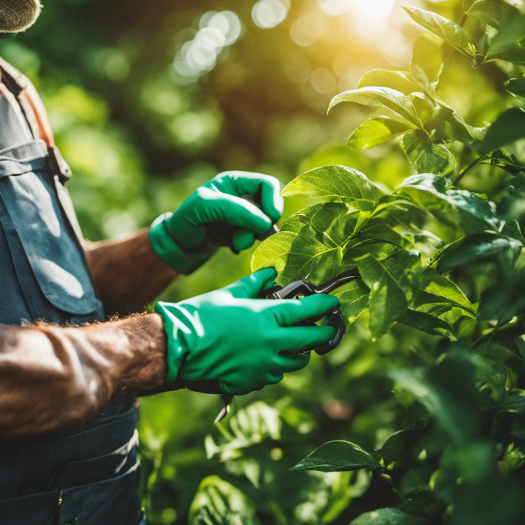 An image showcasing a gardener wearing gloves and pruning shears, meticulously inspecting each leaf for signs of disease or pests