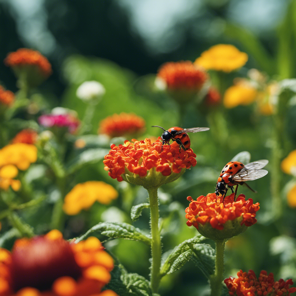 An image showcasing a lush vegetable garden with vibrant blooms attracting beneficial insects like ladybugs, lacewings, and hoverflies