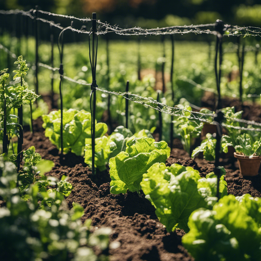 An image of a lush vegetable garden surrounded by a sturdy wire fence, with strategically placed sticky traps on tall stakes to capture garden pests