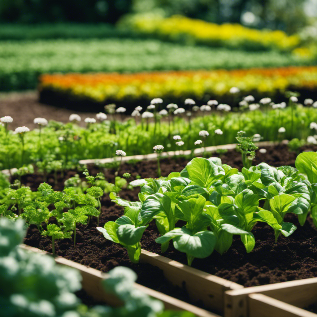 An image showcasing a lush organic garden divided into different sections, each with a distinct crop, demonstrating crop rotation