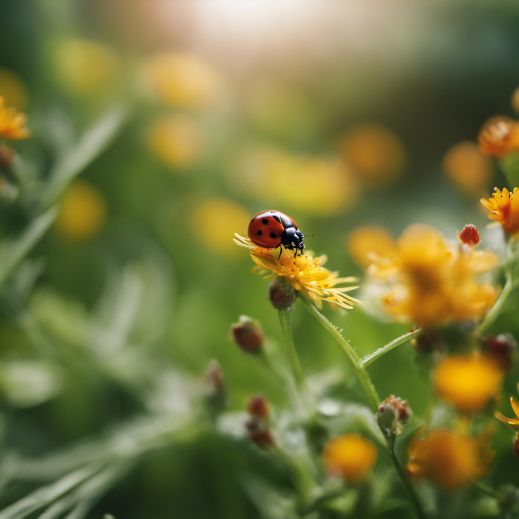 An image showcasing a lush organic garden with ladybugs and lacewings delicately perched on plants, devouring aphids