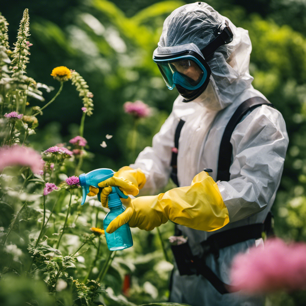 An image of a person wearing protective gloves and goggles, holding a spray bottle filled with a homemade pest spray