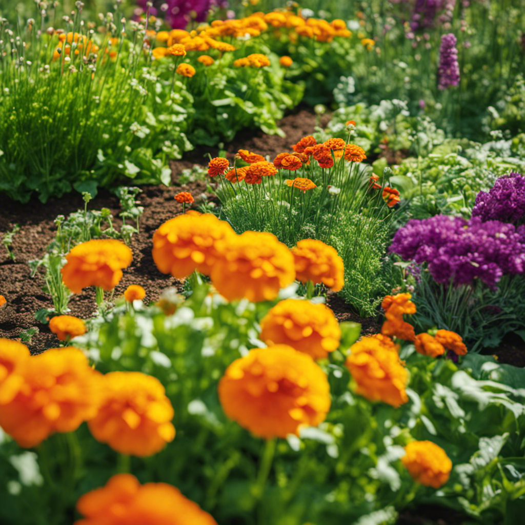 An image showcasing a vibrant organic garden with a diverse array of companion plants, such as marigolds, nasturtiums, and chives, intermingled with vegetable crops, demonstrating the concept of companion planting for pest control