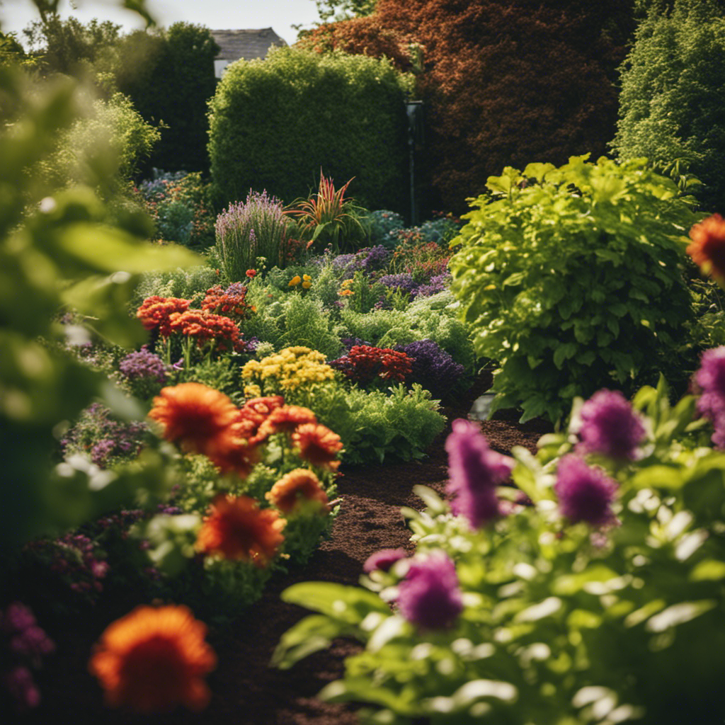 An image that showcases a vibrant garden with diverse plant species, surrounded by companion plants, mulch, and a compost bin