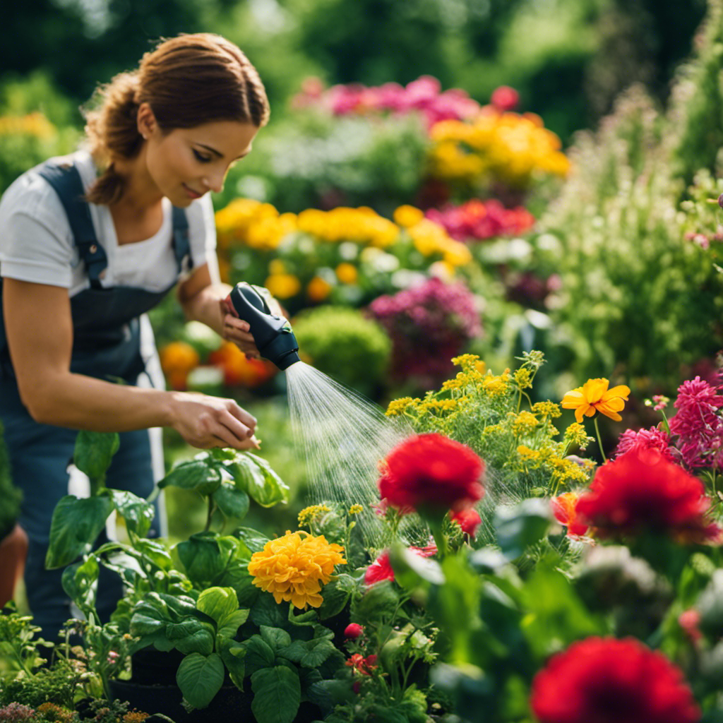 An image showcasing a lush, flourishing garden surrounded by vibrant flowers and healthy produce