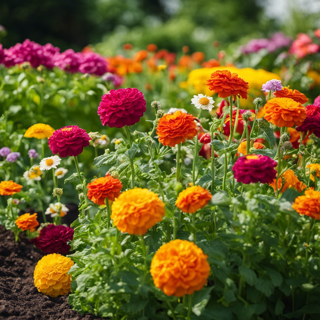 An image showcasing a diverse garden bed bursting with vibrant flowers, aromatic herbs, and flourishing vegetables