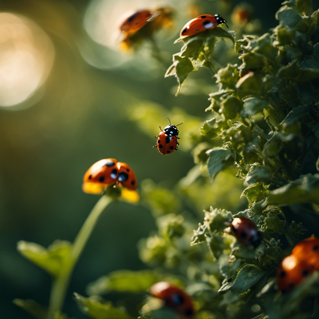 An image of a thriving garden under the moonlit sky, with ladybugs delicately perched on leaves, spiders weaving intricate webs, and birds gracefully swooping down to catch insects, showcasing the harmonious relationship between natural predators and a flourishing garden