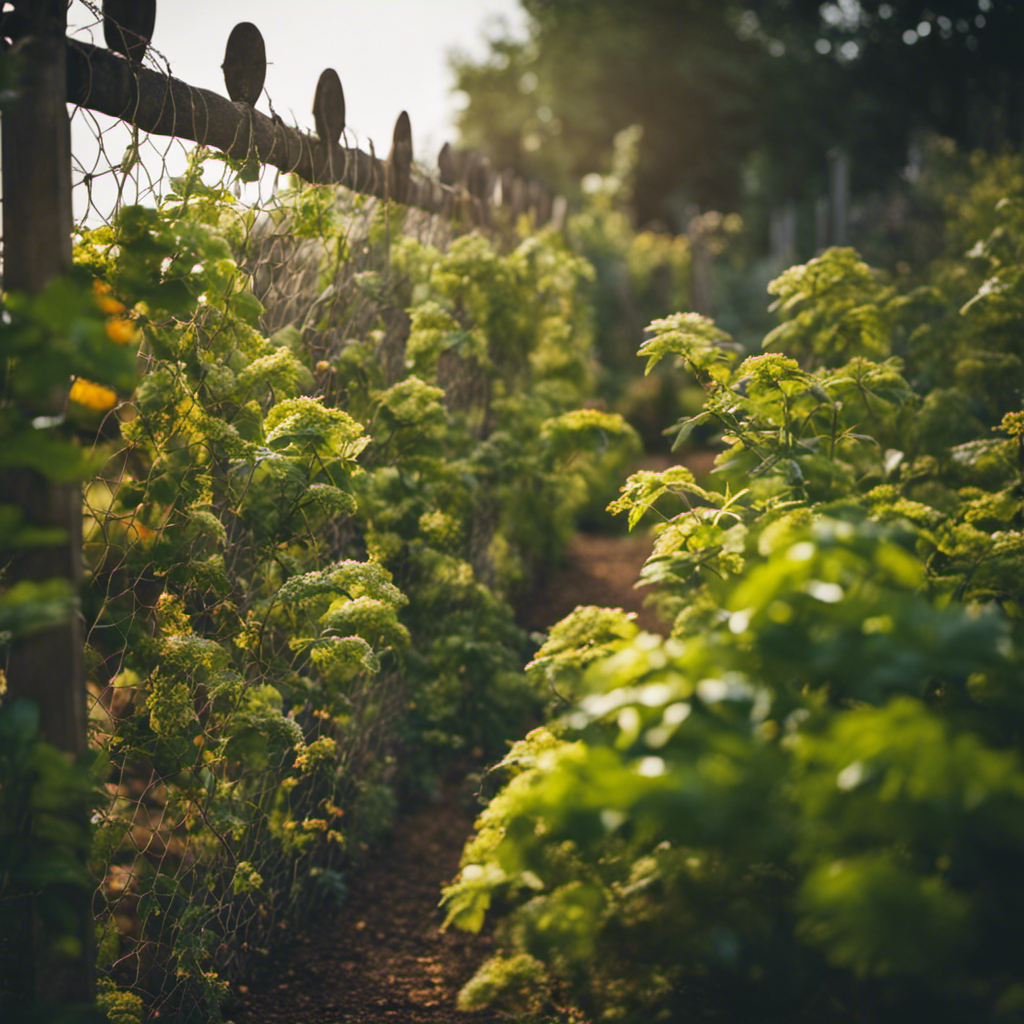 An image showcasing a lush, thriving garden surrounded by a sturdy fence made of intertwining branches, topped with delicate netting