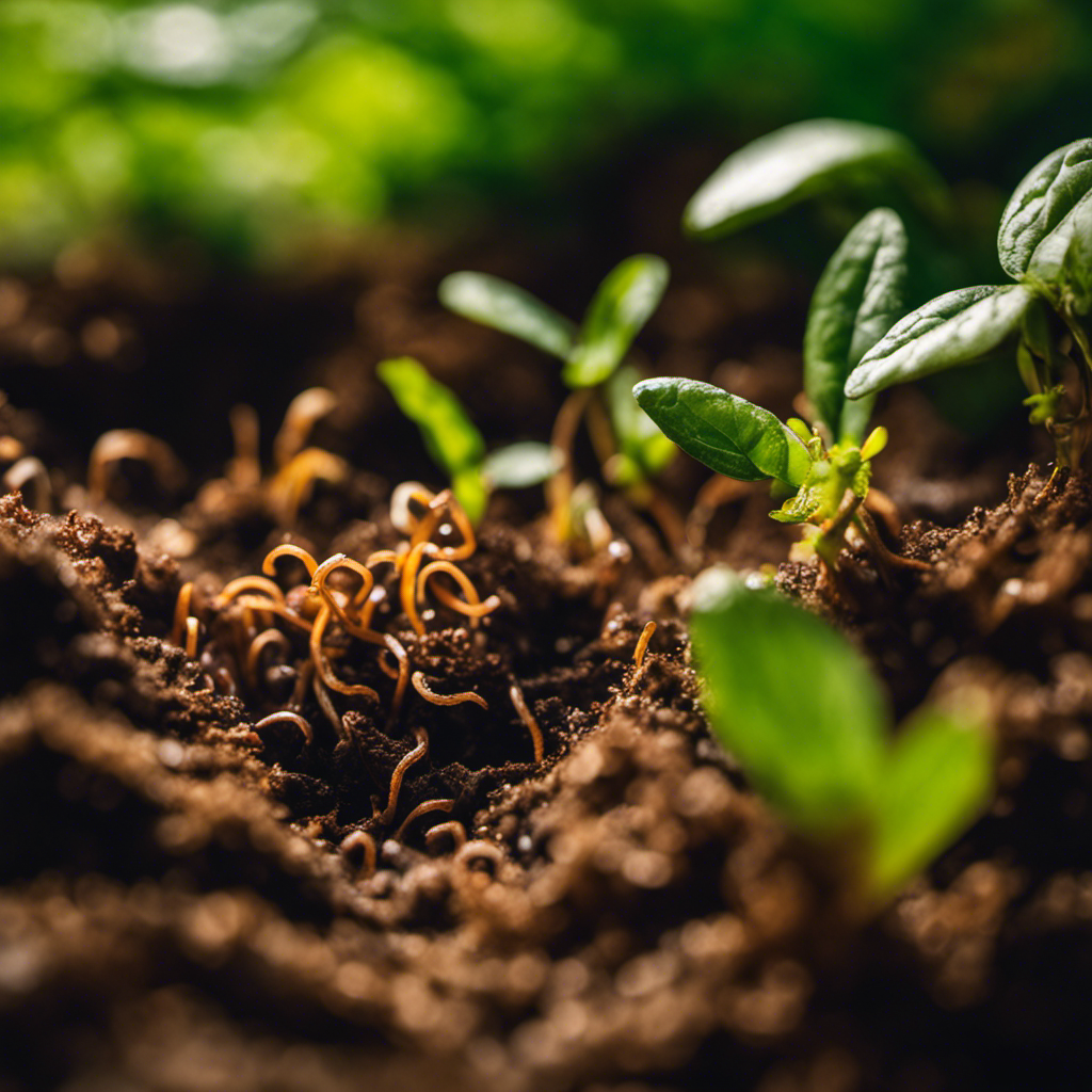 An image capturing the vibrant life beneath the surface: a rich, loamy soil teeming with earthworms and beneficial microorganisms, their intricate dance nurturing plant roots, a testimony to natural pest control