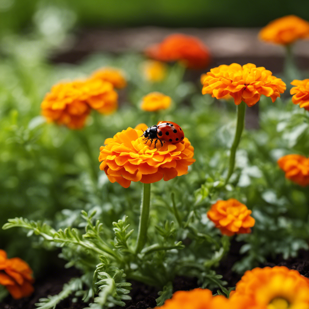 An image depicting a lush garden bed with vibrant marigolds blooming alongside tomato plants, their roots entwined