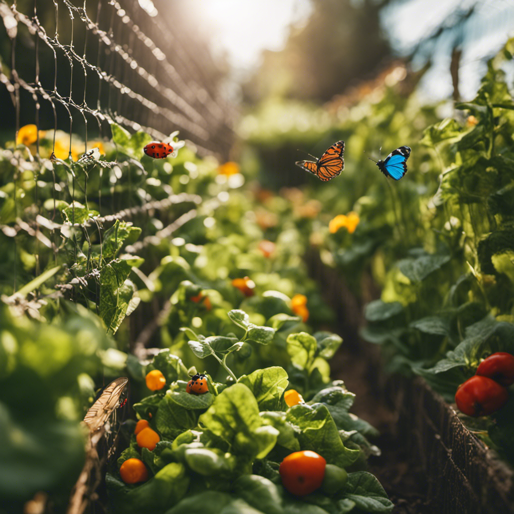 An image showcasing a lush organic garden surrounded by tall, sturdy fences covered in fine mesh netting