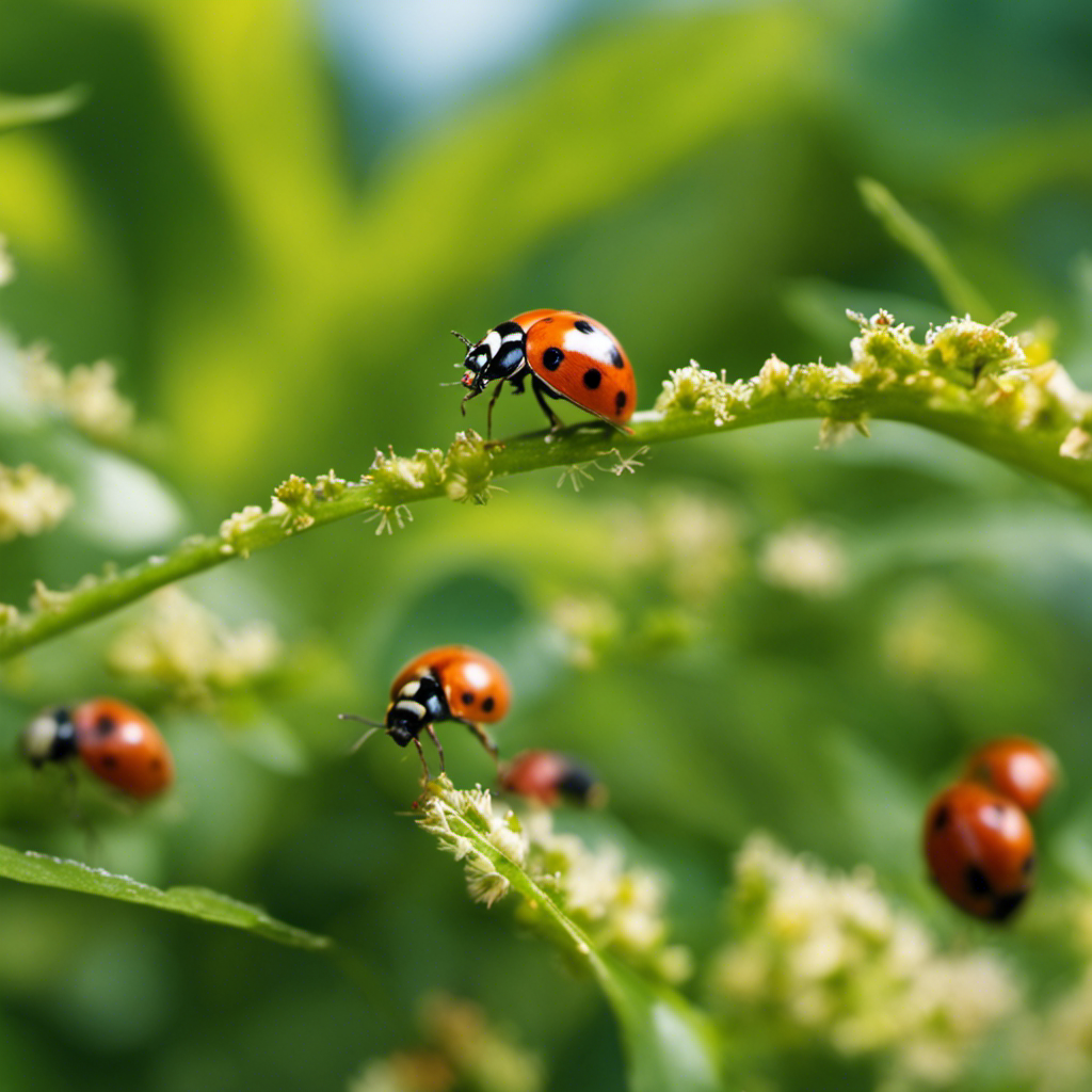 An image of a vibrant organic garden teeming with life: ladybugs delicately perched on leaves, bees buzzing around flowers, and praying mantises camouflaged among plants, showcasing the power of beneficial insects in achieving a pest-free haven naturally