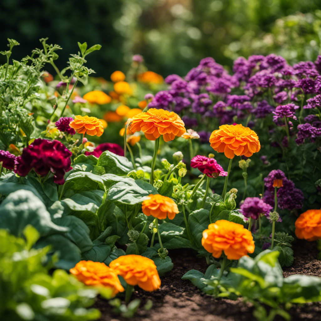 An image showcasing a vibrant organic garden bursting with an array of companion plants intermingling harmoniously to deter pests naturally