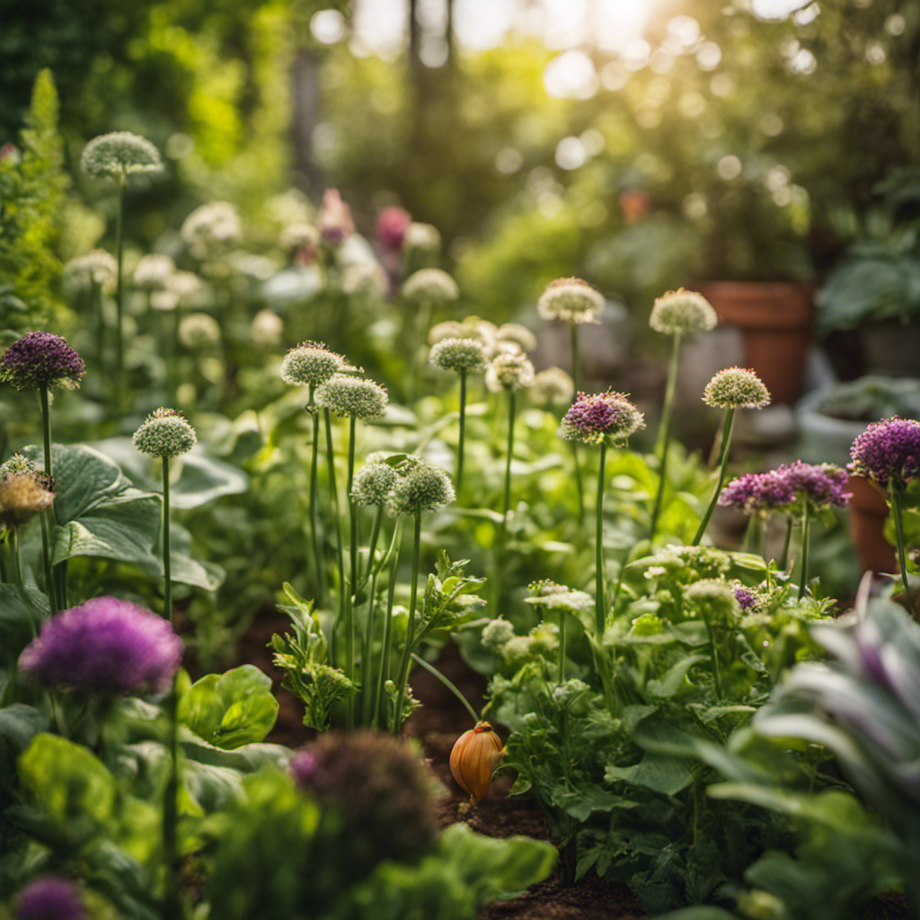 An image showcasing a lush garden with strategically placed homemade pest repellents, such as garlic spray, companion planting, and organic insect traps, to illustrate effective organic methods for outsmarting garden pests