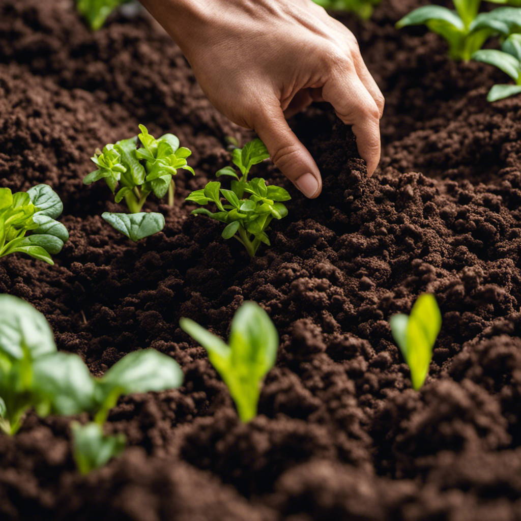 An image showcasing a lush garden bed with nutrient-rich organic compost being mixed into the soil by gloved hands