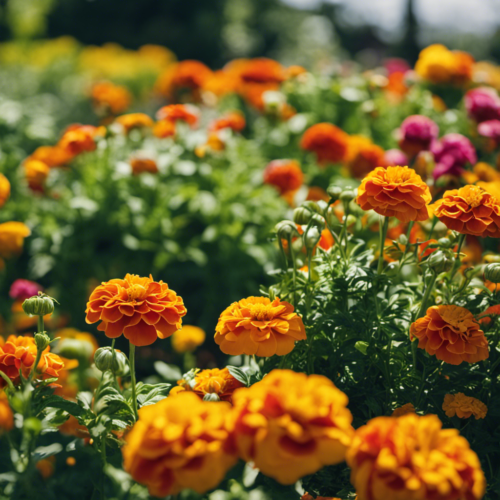 An image showcasing a vibrant garden bed filled with a harmonious blend of marigolds, basil, and tomatoes, warding off pests and promoting healthy growth through the power of companion planting