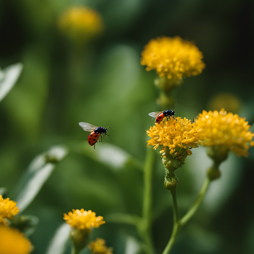 An image showcasing a lush garden teeming with diverse plants, strategically positioned to attract natural predators