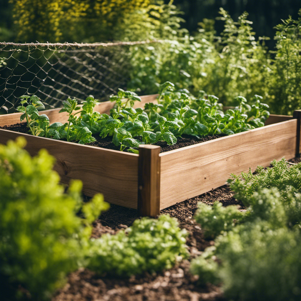 An image featuring a raised garden bed surrounded by a sturdy wooden fence covered in fine mesh netting